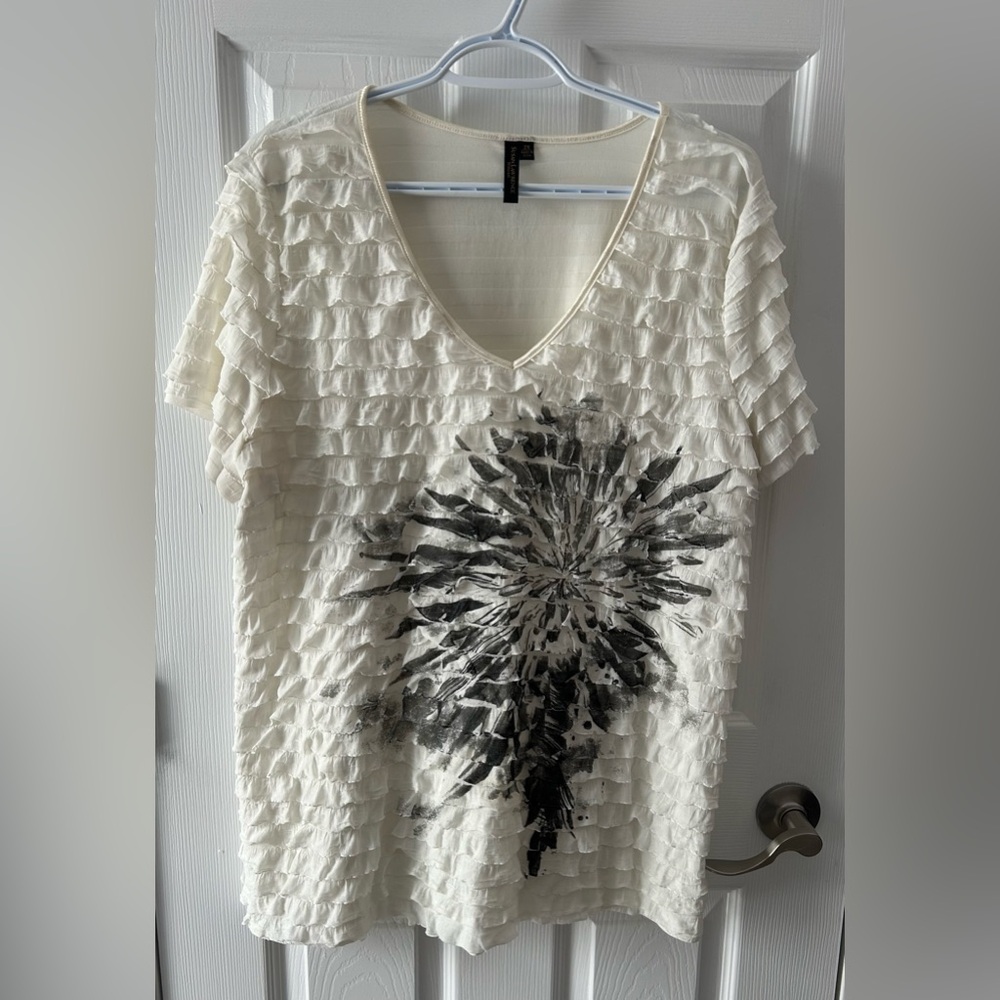 Susan Lawrence Cream Textured Ruffle Top with Black Floral Printed Accent
